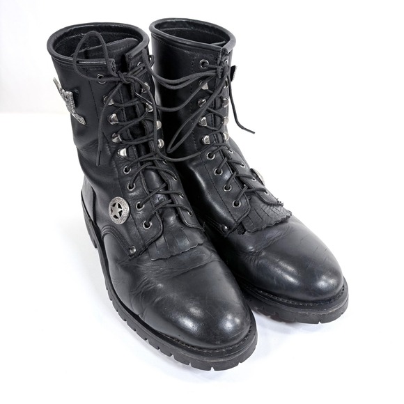 VTG Black Eagle Biker Boots Black Leather Lace Up Star Eagle Concho Men 14 R